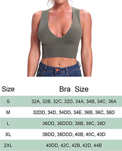 Venbond Women's Sexy Sleeveless Seamless Crop Top Deep Plunge V Neck Ribbed Tank Top with Removable Pads (Green, S) - Image 3
