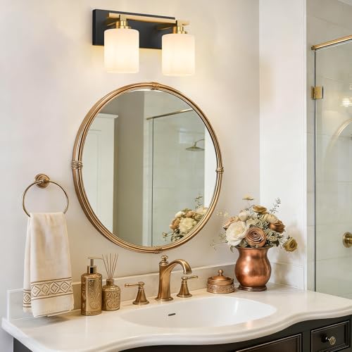 Image of Modern Bathroom Lighting Fixtures Over Mirror, Vanity Lights for Bathroom, Wall Sconces with Milky White Glass Shades, E26 Ceramic Socket, 2-Light 14-inch Black and Gold