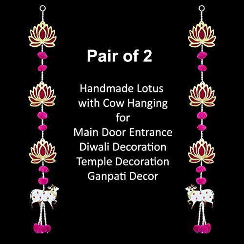Image of Saugat Traders Handmade Lotus Hangings for Decoration with Pichwai Cow for Diwali Puja | Pink Lotus Wall Hangings for Temple, Mandir Back Drop Main Door Entrance | 1 Pair | 31.5 Inch Each