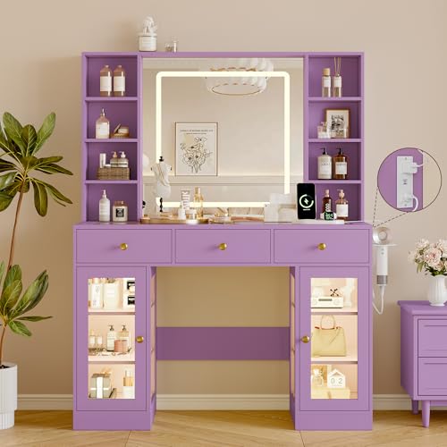 Image of Makeup Vanity Desk with Mirror and Lights, 43 inch Purple Vanity with Glass Top, Jewelry Storage, 3 Drawers & Glass Cabinets, Power Outlet & Adjustable LED Lights, Dressing Table for Women & Girls Bedroom