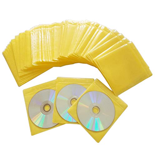 Haplives Cd/Dvd/Bluray Sleeves,Double-Sided Refill Plastic Sleeve For Cd And Dvd Storage Binders,100 Pack (Yellow) #TOP4