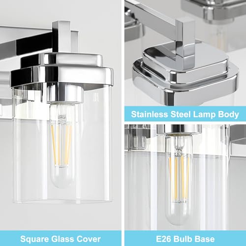 Image of SineRise Vanity Light Fixture,3-Light Vanity Light for Bathroom,Chrome Bathroom Vanity Lighting Over Mirror with Square Clear Glass Shade for Restroom