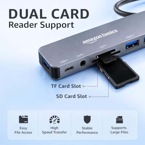 Image of Amazon Basics 8-in-1 USB Hub with Dual Plug (USB-A & USB-C), USB 3.0, 3 x USB 2.0, USB-C 2.1, SD /TF Card Reader & 3.5mm Audio Jack, 18 cm Cable (Grey)