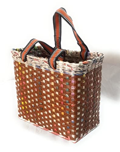 Image of Paperus, Medium, Brown Check, Lunch Bag, Picnic Basket, Carry Bag, Tiffin Basket for Office, Rectangular, Eco-Friendly, Handmade, of Paper Ropes, in Inch 11 H, 12 L, 6 Wide Base