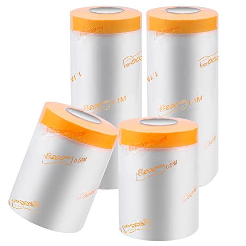 SWAWIS 4 Rollen Abdeckfolie mit Klebeband Goldband Masker 55cmx20M + 110cmx20M Abklebeband mit folie Malerfolie Abdeckfolie Selbstklebend Malerfolie Rolle Malerkrepp Malerband mit Abdeckfolie Cover