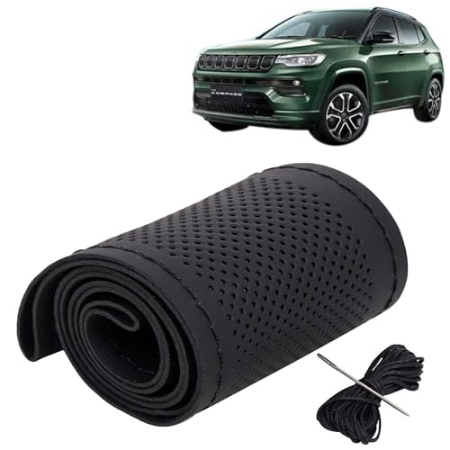 Image of KINGSWAY PU Leatherite Car Steering Cover Sewable Compatible with Jeep Compass (Year 2021 Onwards), Black Color with Black Thread, Pack of 1 with Sewing Needle and Thread