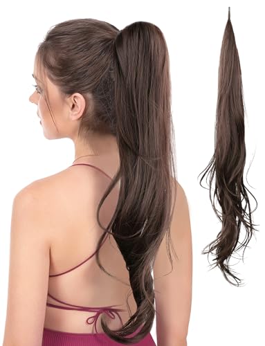 Long Curly Synthetic Ponytail Wavy 32 Inch Adjustable Long Hair Flexible Wrap Around hair ponytail hair piece Wavy Hair Ponytails Hairpieces For Women and Girls Coffee
