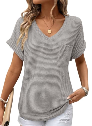 Dokotoo Waffle Knit Tops for Women Summer Cute Business Casual Cruise Outfits 2025 Fall V Neck Short Sleeve Shirts for Women Blouses Basic Tee Gray