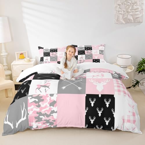 Deer Silhouette Duvet Cover Set Queen Size,Camo Western Rustic Farmhouse Xmas Bedding 3pcs for Kids Teens Home Room Decor,Antlers Arrow Geometric Comforter Cover,Pink Sweet Quilt Cover,2 Pillowcases