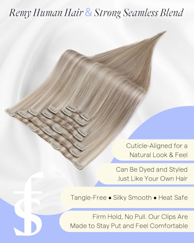 Image of Full Shine Thick Clip in Hair Extensions Real Human Hair, 22 Inch 220g 7Pcs | Clip in Extensions for Women, Ash Blonde Highlighted Blonde Seamless Invisible Fit Extra Thick, Full Head Coverage