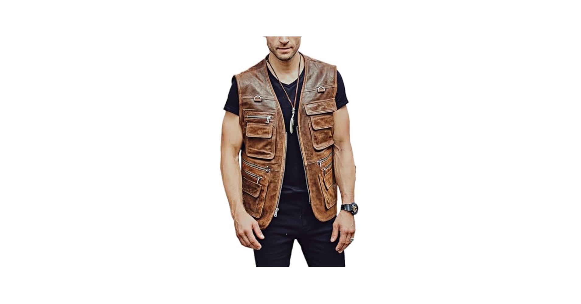 Wjnvfioo Men's Genuine Leather Vest Motorcycle Fishing