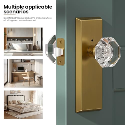 Image of Glass Door Knobs for Interior Doors - Vintage Crystal Privacy Bedroom & Bathroom Door Knob with Lock - Diamond Cut Door Handle - Antique Brass Finish (1 Pack 7 Inch Height)