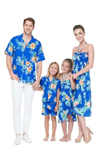 Image of Matchable Family Hawaiian Luau Men Women Girl Boy Clothes in Hibiscus Blue