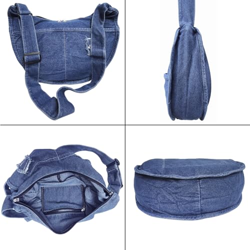 Image of Denim Hobo Halfmoon Design Roomy Large Capacity Adjustable Crossbody Shoulder Handbag Purse for Women