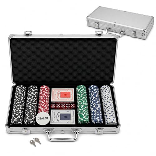 MAGIC SELECT Jogo de poker de mesa. Mala de poker profissional com 300 fichas, 2 baralhos, 5 dados, ficha do vendedor e chave de fecho. Conjunto de poker completo para casa, festas e reuniões