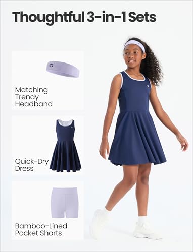 PATPAT Girls Tennis Dress Set, Athletic Dress with Headband & Bamboo Viscose Shorts with Pocket, Outfit for Golf Dance School2