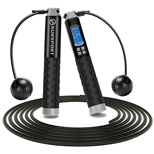 Jump Rope, SURSPORT Digital Jump Rope with Calorie Counter and Alarm Reminder, Weighted Jump Rope for Fitness, 2 in 1 Cordless Jumping Rope, Adjustable Tangle-Free Skipping Rope for Women, Men, Kids