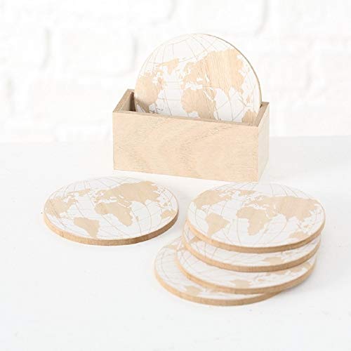 Home Collection Posavasos de madera y cristal, 6 unidades, con soporte, diseño de mapamundi, color beige y blanco, diámetro 10 cm Cover