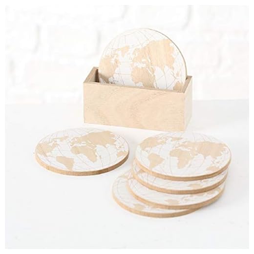 Home Collection Posavasos de madera y cristal, 6 unidades, con soporte, diseño de mapamundi, color beige y blanco, diámetro 10 cm