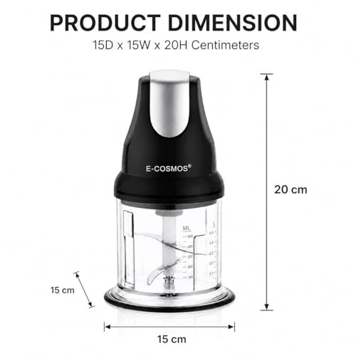 Image of E-COSMOS Ultra Fast 250 Watts Electric Chopper - Twin Blade Vegetable Cutter & Mincer - 500ml Plastic Bowl with Storage Lid - Durable 100% Copper Motor - Multi-Purpose Whisk & Blend (Black)