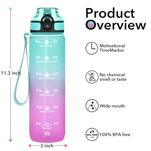 Image of HDPE 32oz Water Bottle with Straw, Time Marker & Fruit Strainer, Transparent Gradient Color Water Bottle with Times to Drink, Leakproof & BPA Free, Reusable Bottle with Strap, 907 ml