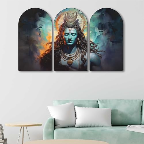 Image of SAF Lord Shiva Wall Art 3 Panel Set | Tranquil Mahadev Painting on MDF Board | Spiritual Wall Hanging for Living Room Bedroom Temple Office Home Decor (30 x 50 Inch) RPNL-67