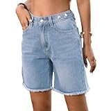 Women Baggy Denim Shorts Summer Fashion High Waisted Shorts Pockets Adjustable At The Waistband with Frayed Edges Jeans