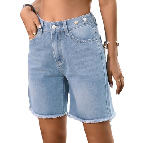 Women Baggy Denim Shorts Summer Fashion High Waisted Shorts Pockets Adjustable At The Waistband with Frayed Edges Jeans