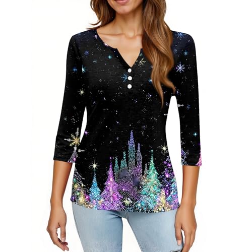 Image of Women Christmas Shirt 3 /4 Length Sleeve Henley Tops Xmas Outfits