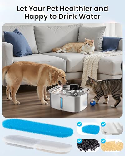 10L Dog Water Bowl Dispenser Fountains Accessories, Pet Cat Water Fountain Stainless Steel, Safe Multi-Filtered Automatic Dispenser for Dogs 2.4G Wi-Fi 2.64Gal/338 Oz (8 Filters & Sponges) - Thumbnail 3