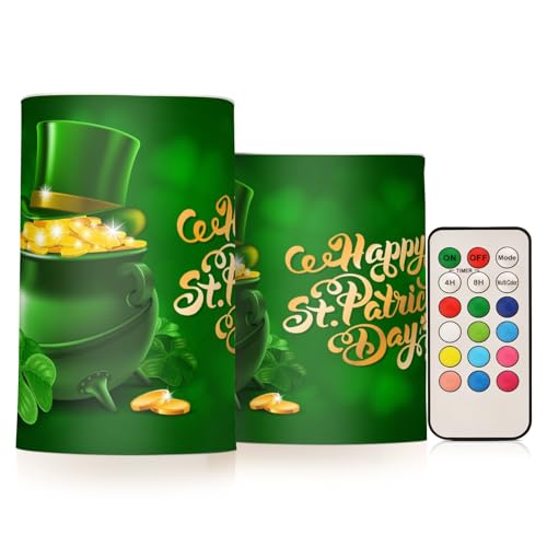 Image of ALAZA St Patricks Day Flickering Flameless Candles Battery Operated with Remote Timer,Tea Light Candles LED Pillar Votive Candles Set of 2 for Outdoor Indoor Decorations