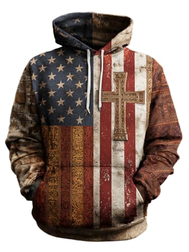 Men's Vintage Casual American Flag Cross Faith Hoodie Christian Patriotic Shirt