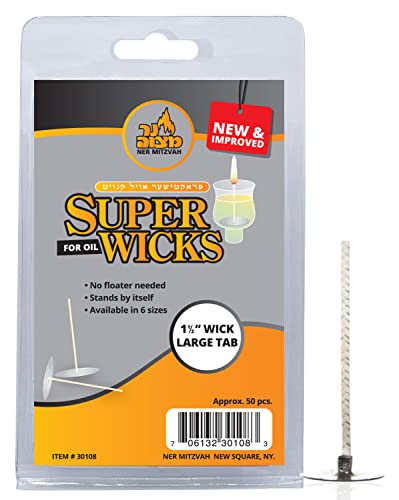 Ner Mitzvah Self Standing Cotton Wicks for Glass Oil Cup and No Floater Needed for Candle Lighting, Multipurpose (Pack of 50), Large - 1.5 inch