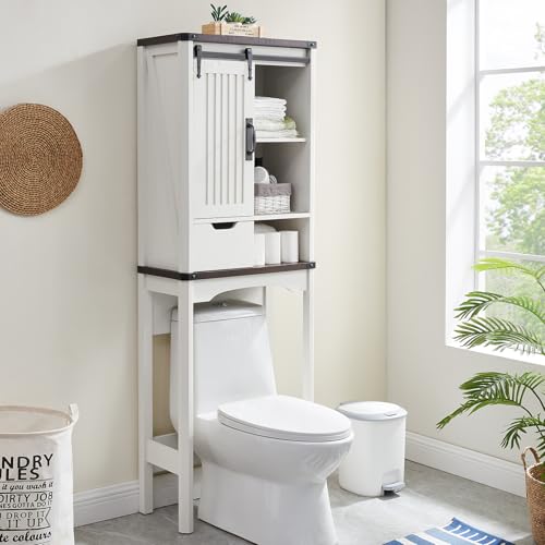 Minifeel Over The Toilet Storage Cabinet, Farmhouse Storage Cabinet with Adjustable Shelves and Sliding Barn Door, Free Standing Over Toilet Bathroom Organizer (Antique White)