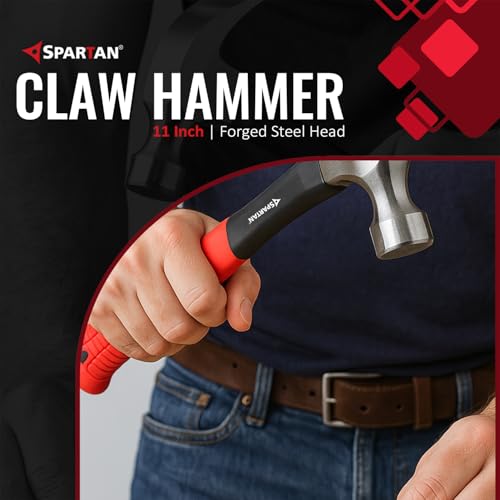 Image of Spartan Heavy Duty Claw Hammer with Forged Steel Head & Fibreglass Anti-Slip Handle | Flat Face & Nail Puller for Carpentry, Home Repair, Furniture Assembly & DIY Use
