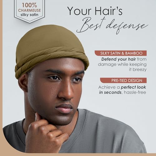 CAPLORD Silk Durag Satin Lined Halo Turban Head Wrap Pre-Tied Skull Cap for Men and Women Sleeping Bonnet Hair Cover Chemo Hair Loss Hat Night Bonnet Olive Green - Thumbnail 2