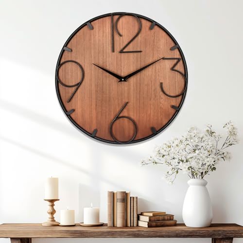 JXQXYN Clocks for Living Room, 24'' Modern Large Wall Clock, Silent, Non-Ticking Battery Operated Clock, Use Wood and Metal Frame, for Bedroom, Kitchen, Office and Hallway Decor