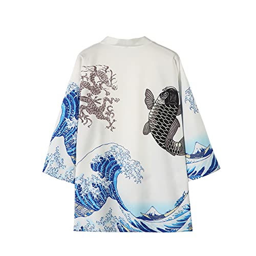 Image of PRIJOUHE Mens Kimono Set Japanese Haori & Shorts 2 Piece Summer Outfits | Silky Polyester 3 /4 Sleeve Yukata Cardigan Suit Loose Happi Coat Elastic Waist Beach Casual Daily Vacation Lounge Sleepwear