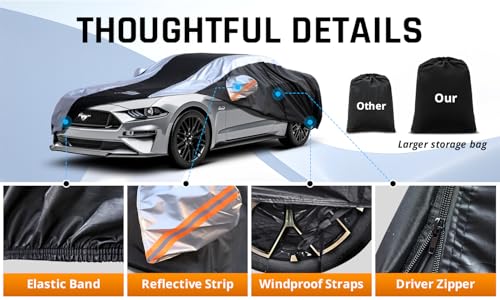 Image of Mustang Car Cover Waterproof All Weather with Silver Strip Design, Custom Fit for Ford Mustang 1994-2025, Mustang Accessory with Door Zipper & Windproof Straps