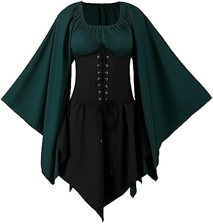 CNVAUIE Renaissancekostuum, voor dames, middeleeuwse jurk, trompetmouwen, gothic, maxi-jurk, carnaval, Halloween, feestjes, zwart01, maat S