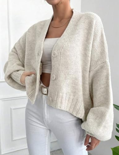 yoeasy Womens Cropped Cardigans Sweater Trendy Fall Lantern Sleeve Button Down Loose Open Front Knit Sweater Top3