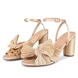 VOMIRA Bow Heels for Women Pleated Bowknot Heeled Sandals Summer Open Toe Ankle Buckle Strap Bridal Wedding Sandals