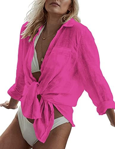 LaLaLa Women’s Summer Casual Swimsuit Cover Ups Button Down V Neck Beach Swimwear Bathing Suit Cover Up Shirts