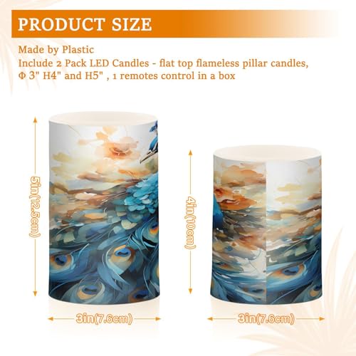 Image of ALAZA Peacock Flickering Flameless Candles Battery Operated with Remote Timer,Tea Light Candles LED Pillar Votive Candles Set of 2 for Outdoor Indoor Decorations