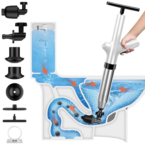 Desatascador Tuberías con 4 Cabezales Reemplazables & Barómetro, Desatascador Aire Comprimido WC, Desatascador Inflable Alta Presion para Inodoro, Lavabo, Bañera, Piso, Ducha Fregadero (Blanco)