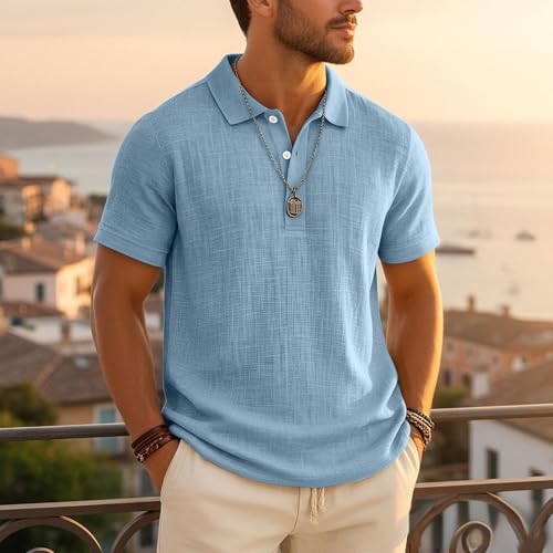Polo casual de hombre manga corta con cuello clásico de mezcla algodón-lino, fresco y transpirable para verano miniatura 2
