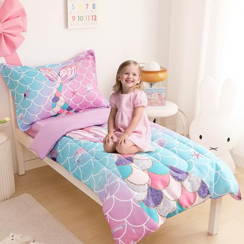Image of VIVILINEN Toddler Bedding Set for Girls 4-Piece Mermaid Tail Toddler Comforter Sets for Baby Purple Blue Toddler Bed Bedding Baby Bedroom Set, Include Comforter, Flat Sheet, Fitted Sheet, Pillowcase