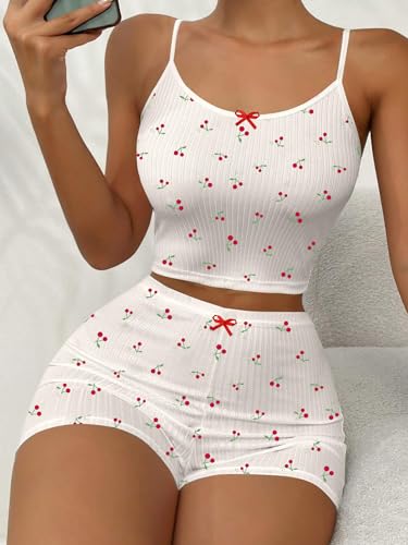 Image of Hilinker Womens Graphic 2 Piece Pajama Set Summer Cute Crop Cami and Shorts Ribbed Lounge Sets