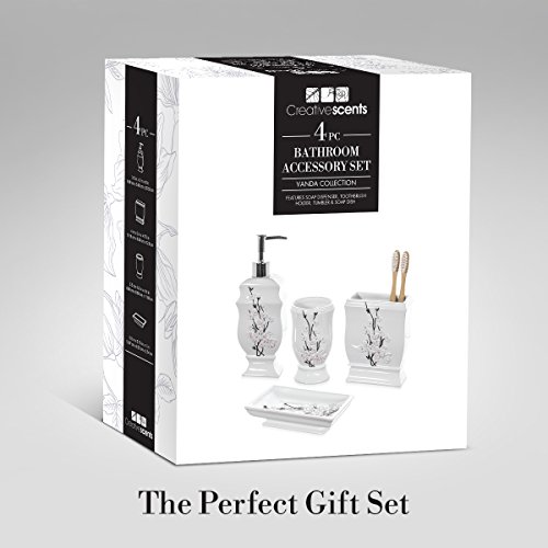 Creative Scents White Bathroom Accessories Set - 4 Piece Floral Bathroom Set - Decorative Bathroom Accessory Set Includes: Soap Dispenser, Toothbrush Holder, Tumbler And Soap Dish (Vanda Style) #TOP4