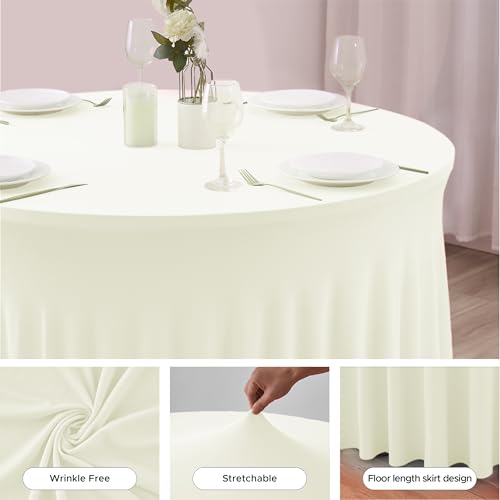 Image of HolidayIdeas 60 Inch Beige Spandex Round Table Skirts,Fitted Stretch Tablecloths for Round 5 ft Table, Wrinkle-Free Ruffle Design Tablecloths for Banquets,Wedding,Trade Shows, Parties, Events, 6 Pcs